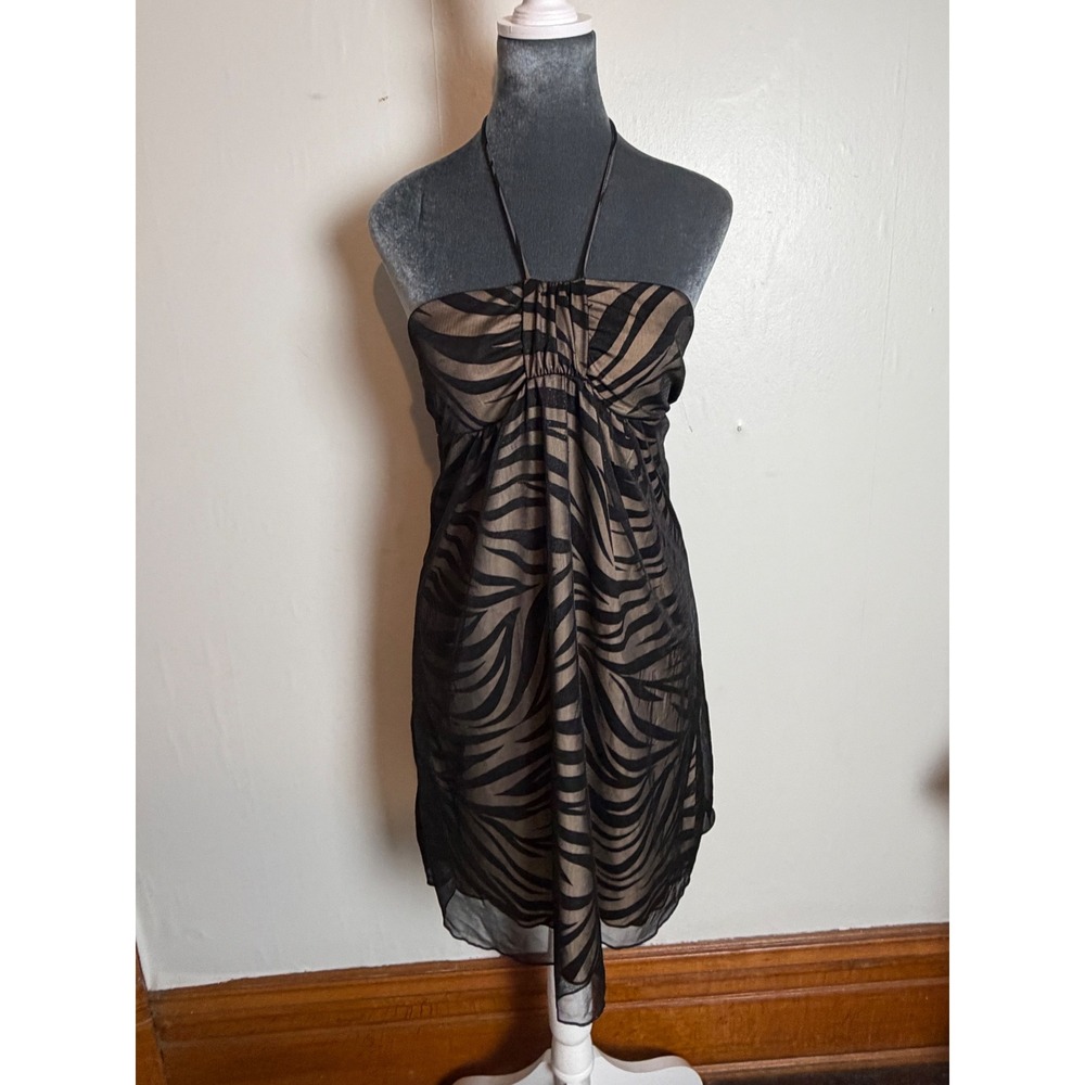 Zebra Halter Mini Dress Black‎ Mesh Shimmer Y2K whimsgoth Grunge mobwife M fairy